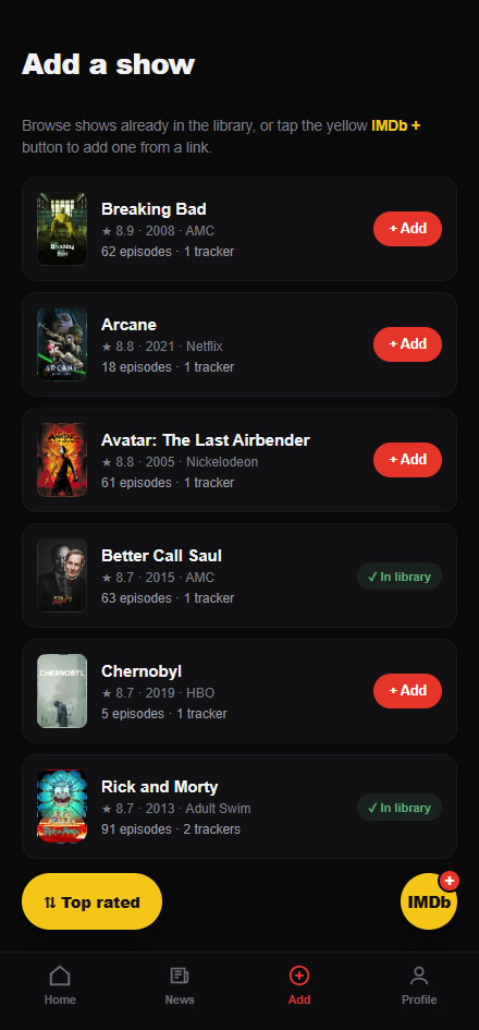 Adding a TV series to the tracker from the shared catalogue or by IMDb link