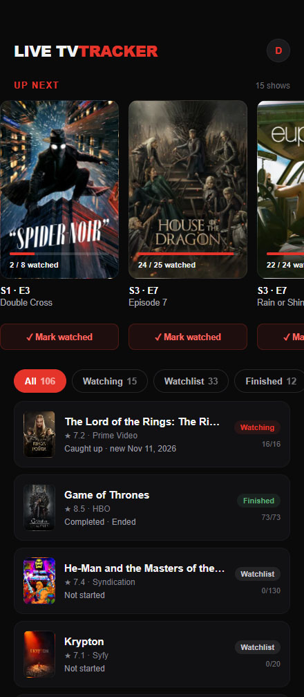 TV show tracker app showing an Up Next queue of episodes to watch and a tracked series list