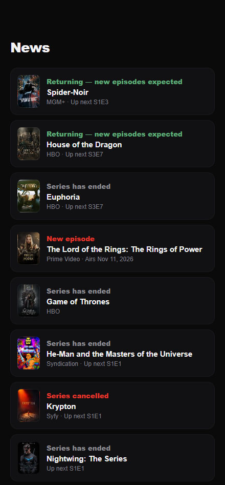 TV series news feed showing new episode dates, returning seasons and cancelled shows